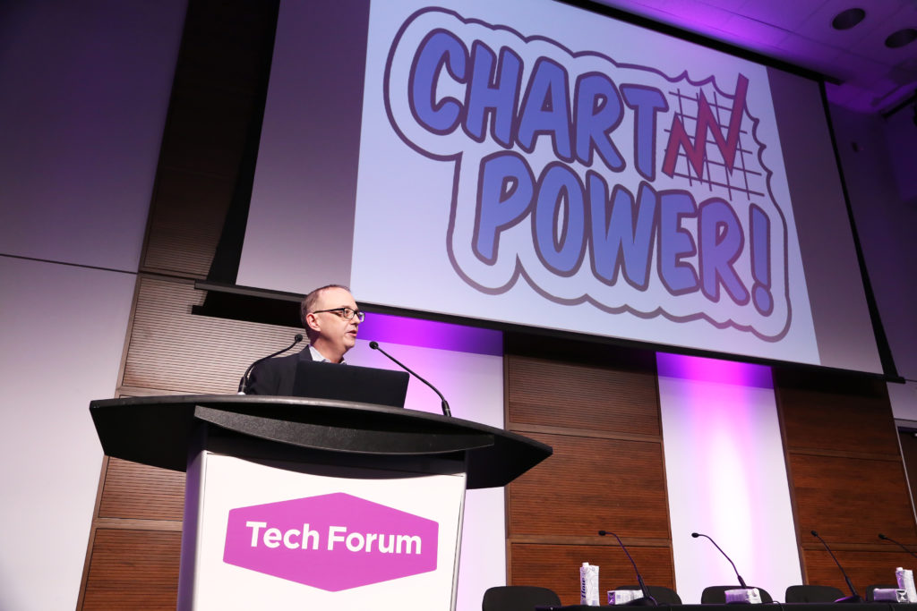 BookNet Canada's Noah Genner presenting new research at Tech Forum 2019.